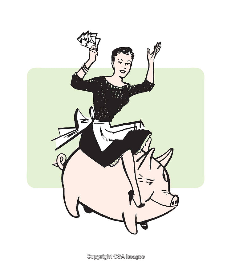 Retro Woman Riding Pig Holding Money in Fun Illustration