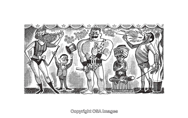 Vintage Circus Line Art Featuring Performers and Acts in Black and White