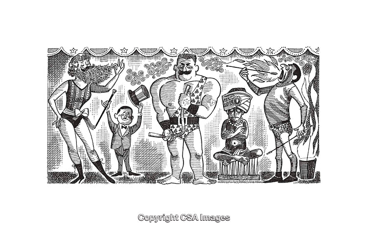 Vintage Circus Line Art Featuring Performers and Acts in Black and White