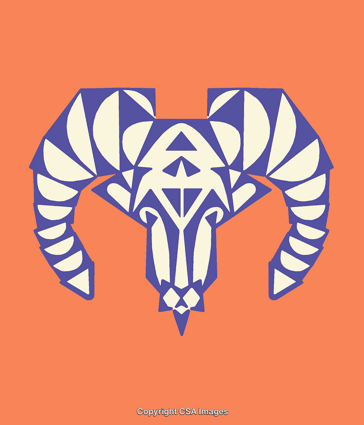 Geometric Ram Skull Artwork on Vibrant Coral Background in Bold Line Art Style