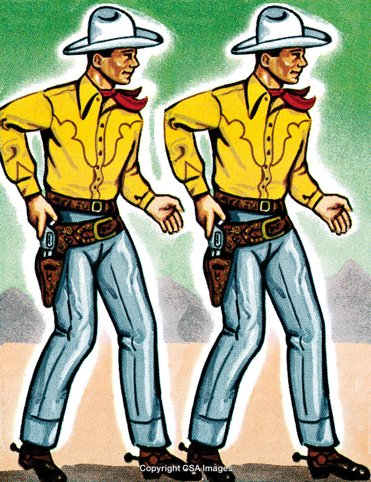 Retro Twin Cowboys in Colorful Outfits Illustrating Western Themes