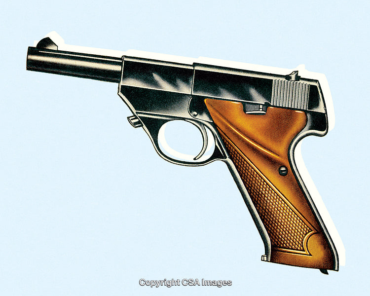 Illustrated Vintage Handgun with Wooden Grip Design on Light Blue Background