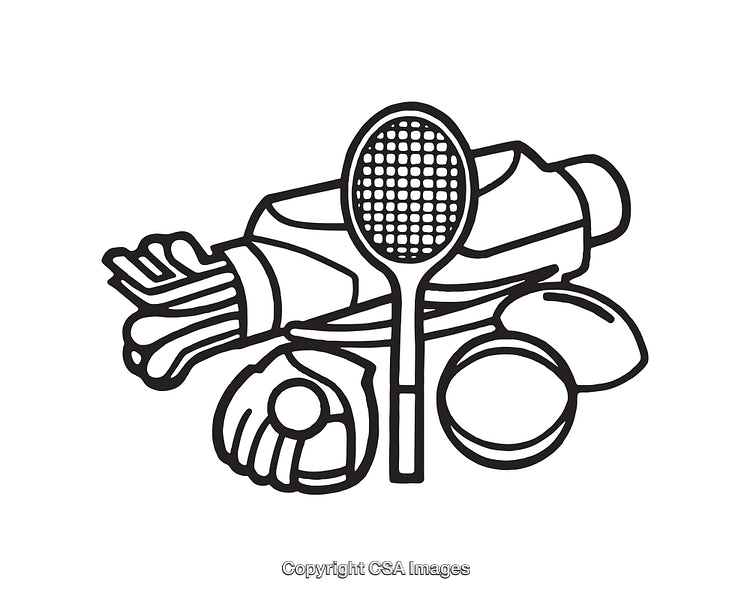 Line Art Illustration of Sports Equipment in Black and White Style