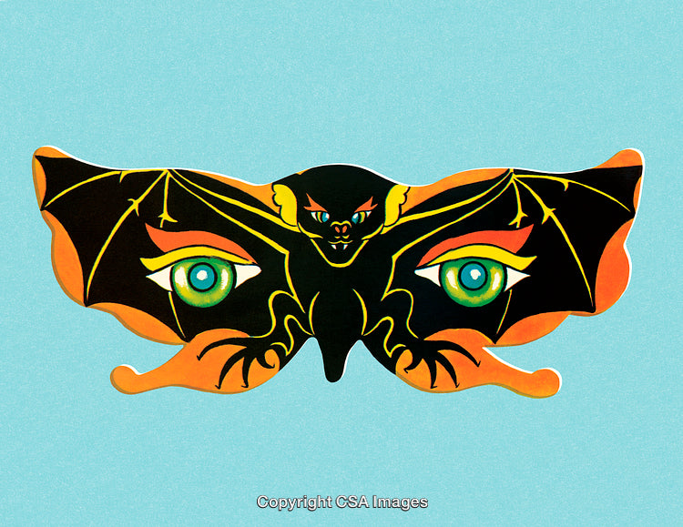 Colorful Abstract Illustration Featuring Bat, Eyes, and Artistic Patterns