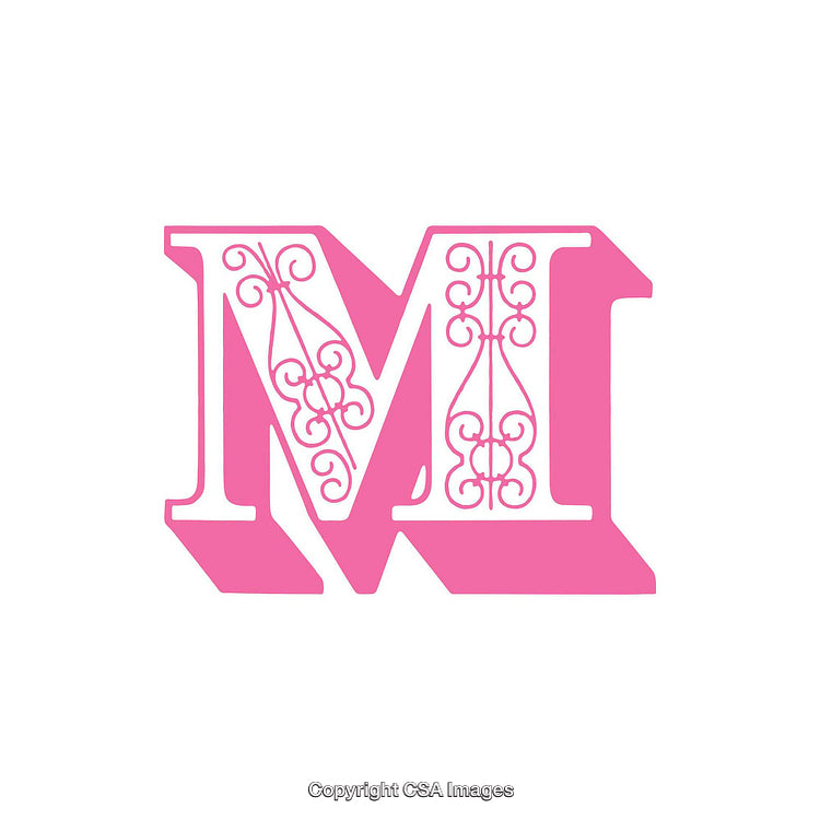 Elegant Pink Letter M with Ornamental Swirl Design on White Background