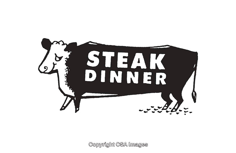 Black and White Line Art Drawing of a Cow with Steak Dinner Text
