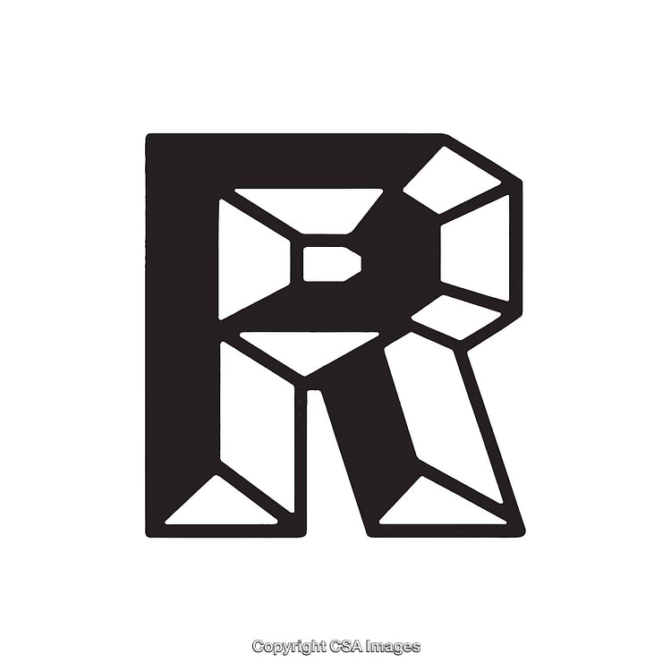 Stylized Geometric Letter R with Sharp Angular Design in Black and White