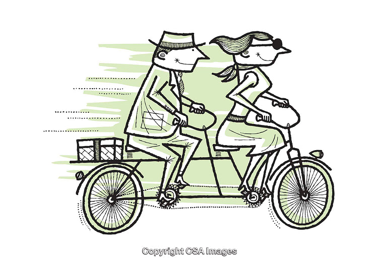 Cartoon Illustration of Couple Riding a Tandem Bicycle Together