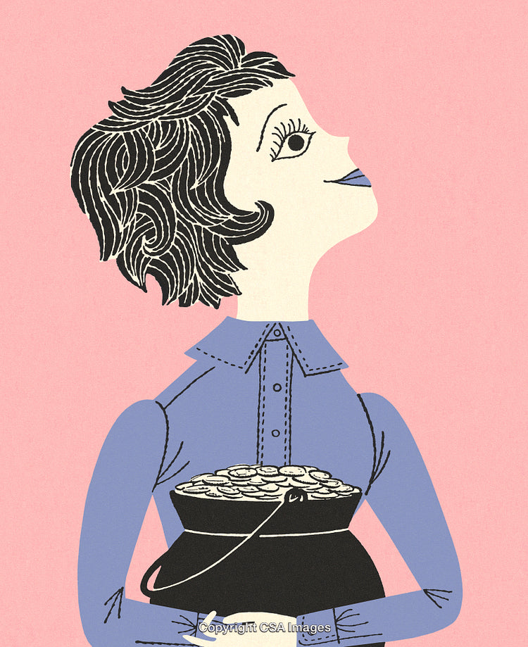 Stylized Illustration of a Woman Holding a Pot of Coins, Retro Style