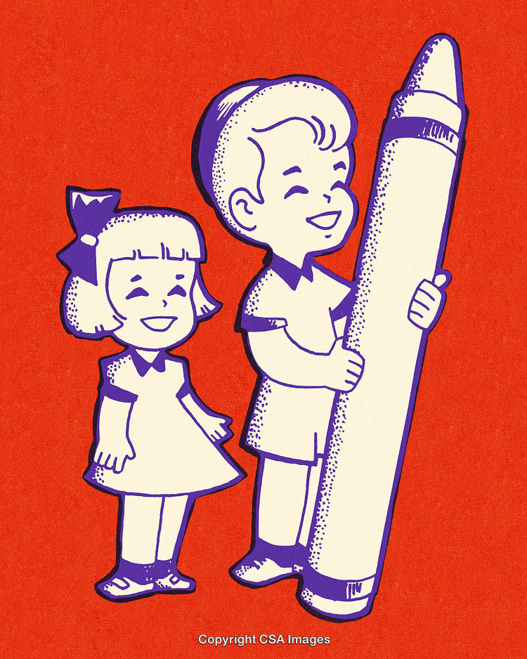 Vintage Illustration of Children Holding Giant Crayon on Red Background