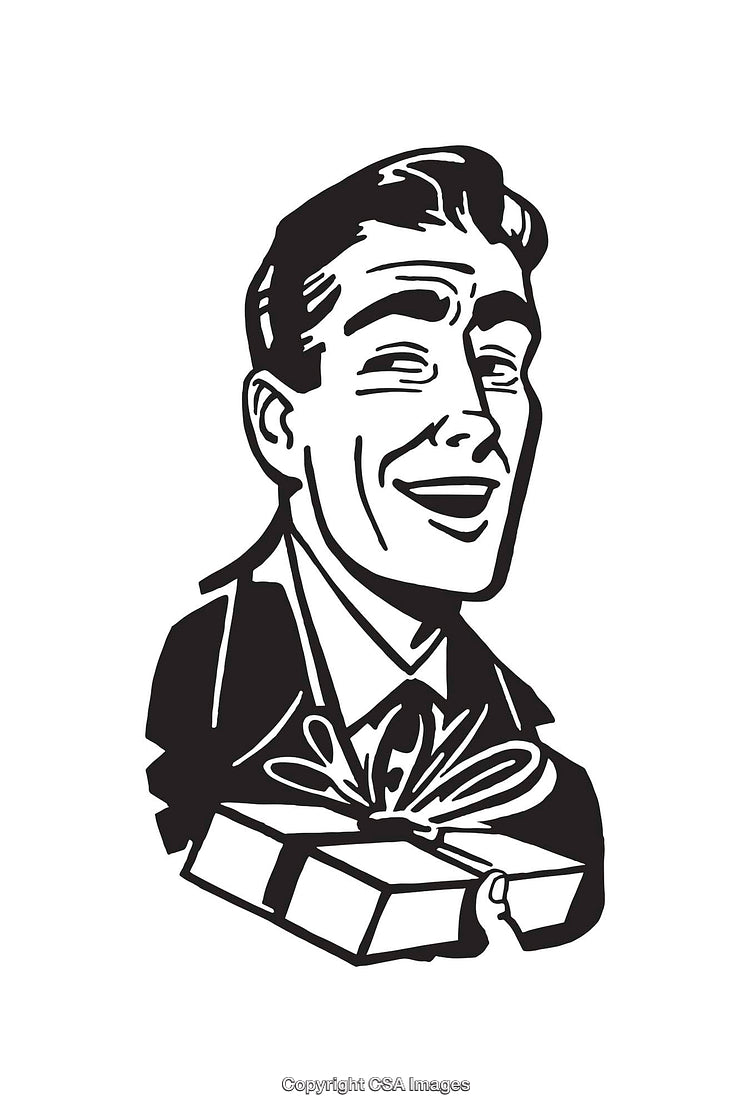 Retro Style Line Art Illustration of a Man Holding a Gift Box