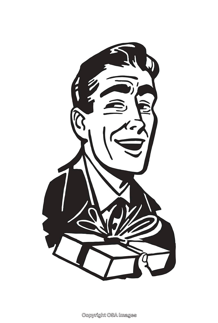 Retro Style Line Art Illustration of a Man Holding a Gift Box