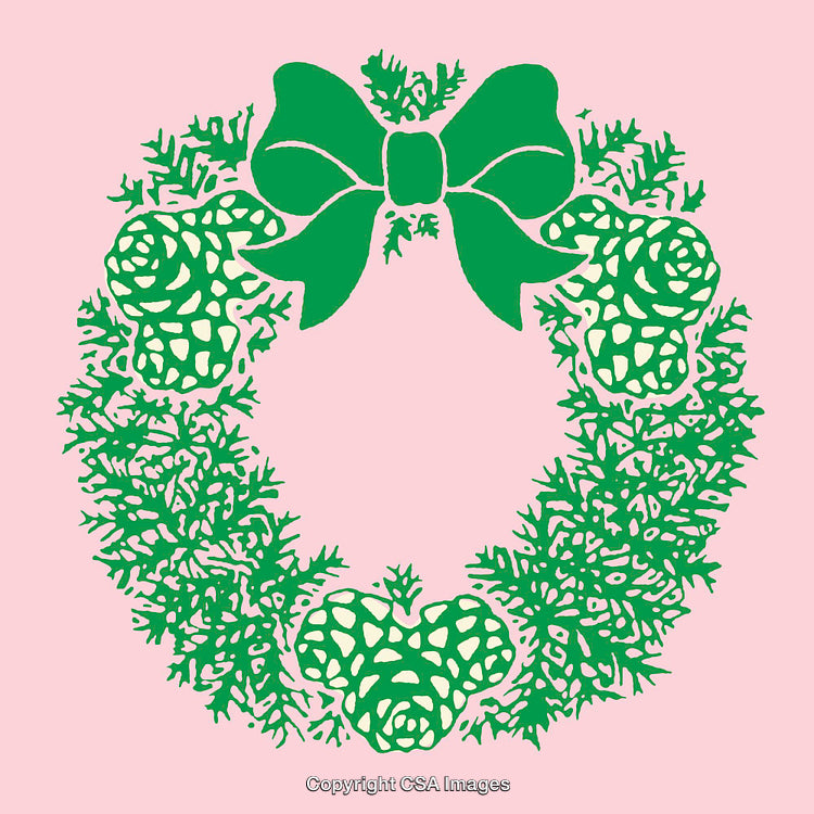 Green Holiday Wreath Illustration with Bow and Pinecones on Pink Background