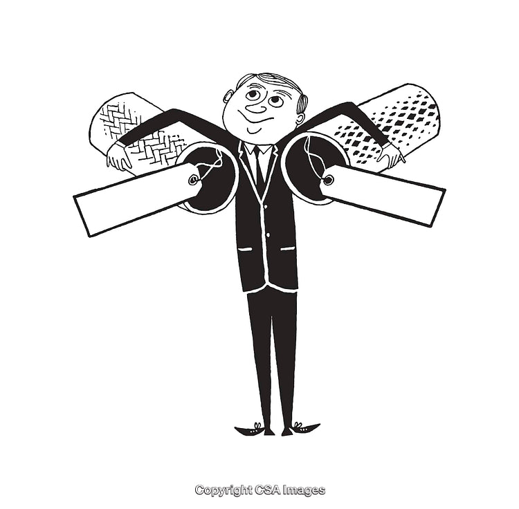 Black And White Illustration of a Businessman Holding Rolls of Fabric