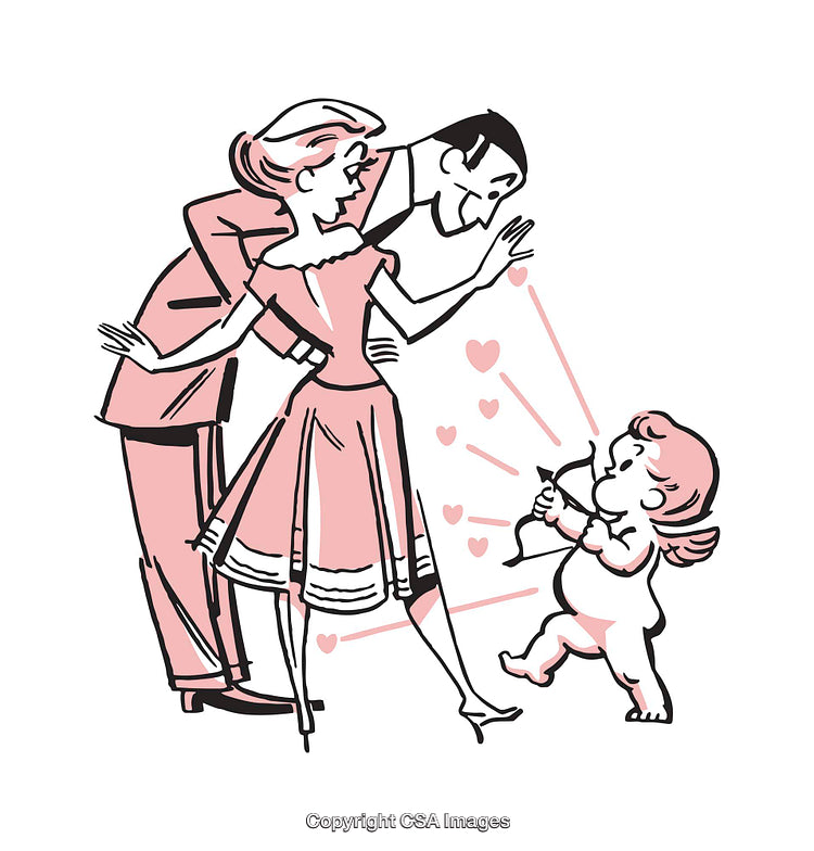 Cartoon Love Concept with Cupid Aiming at Romantic Couple