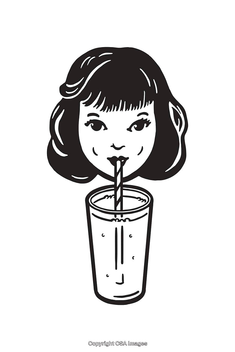 Vintage Illustration of Girl Drinking Through a Glass With a Straw