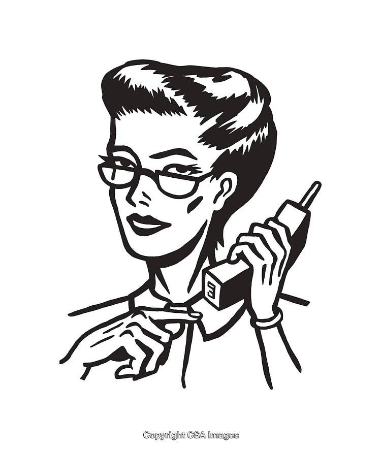 Retro Black and White Illustration of a Woman Using a Vintage Mobile Phone