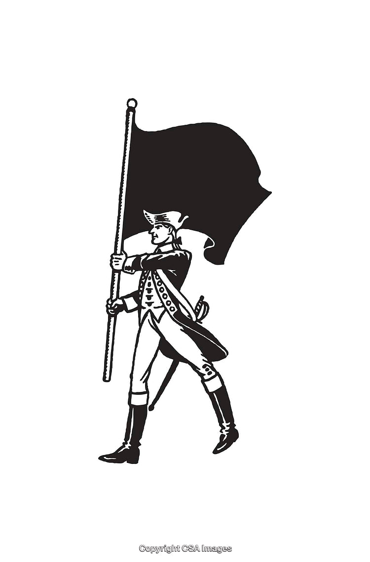 Vintage Line Art of Revolutionary War-Era Soldier Holding a Flag
