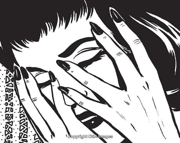 Black and White Retro Illustration Depicting an Emotional Woman Covering Her Face