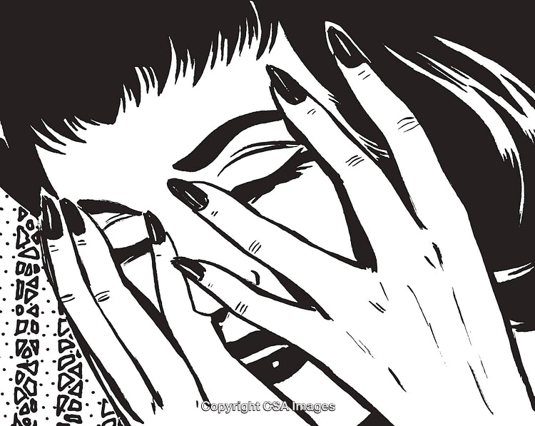 Black and White Retro Illustration Depicting an Emotional Woman Covering Her Face