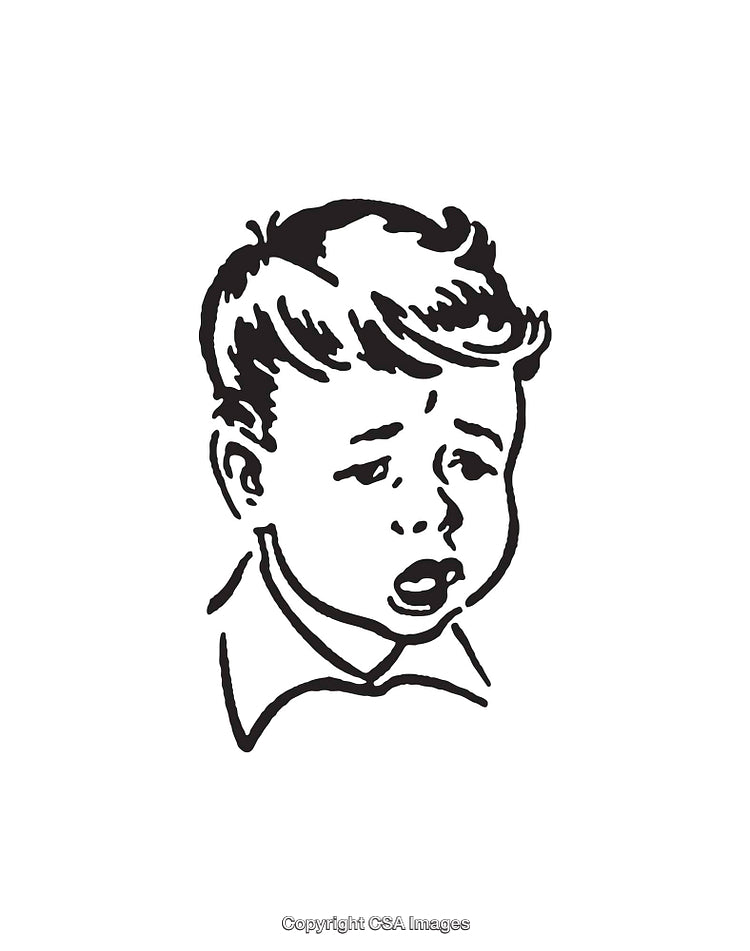 Vintage Black and White Line Drawing of a Surprised Young Child