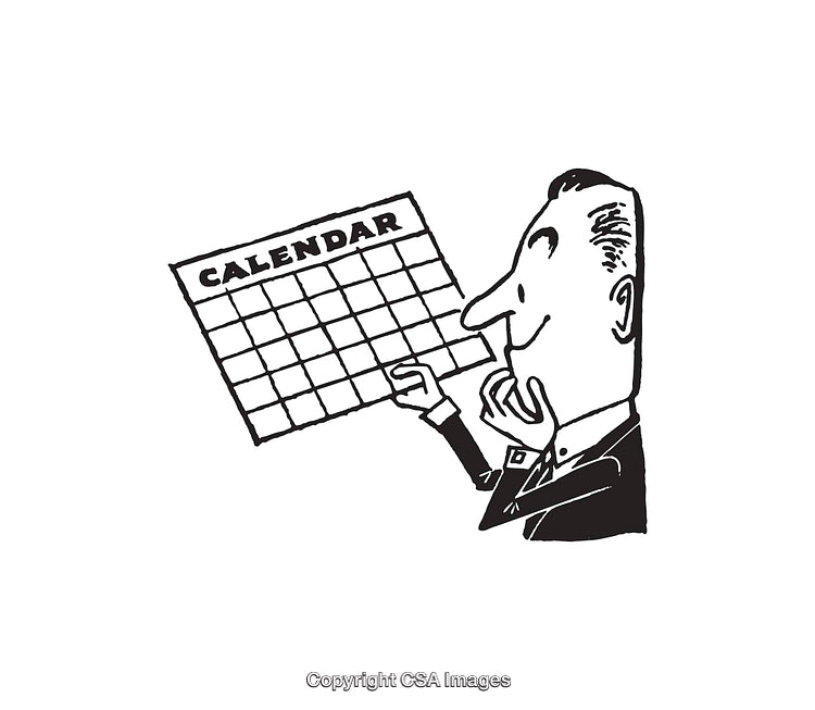 Black and White Illustration of Man Holding a Calendar and Thinking