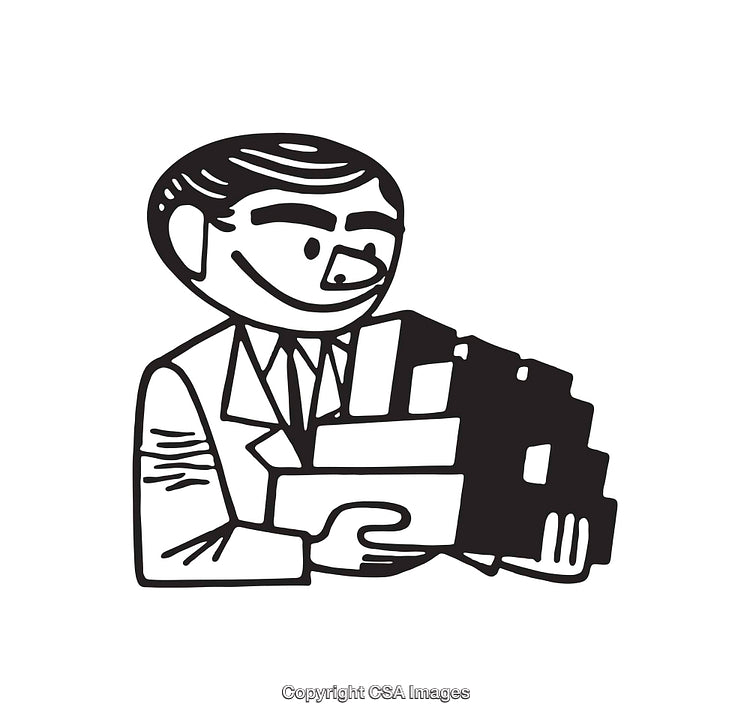 Vintage Black and White Illustration of Smiling Businessman Holding Boxes