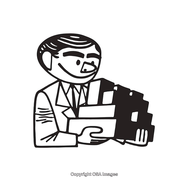 Vintage Black and White Illustration of Smiling Businessman Holding Boxes