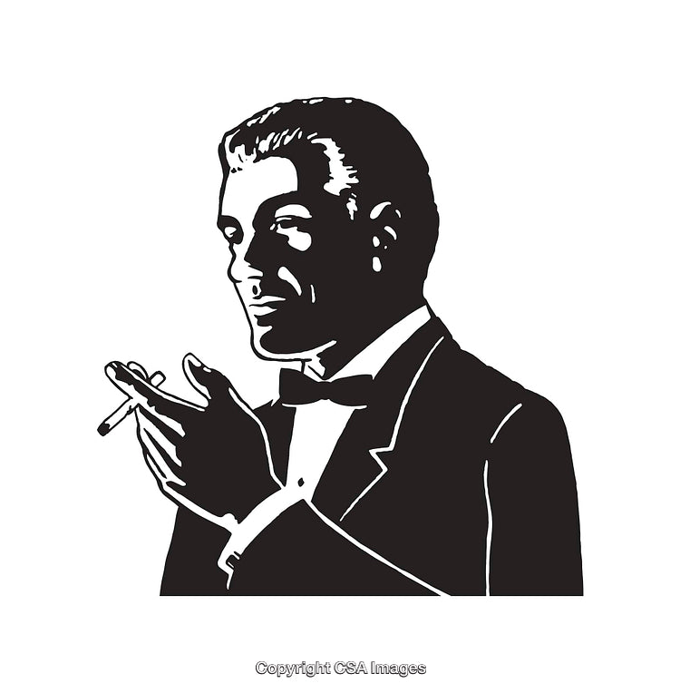 Black and White Line Art of a Man in a Suit with a Cigarette