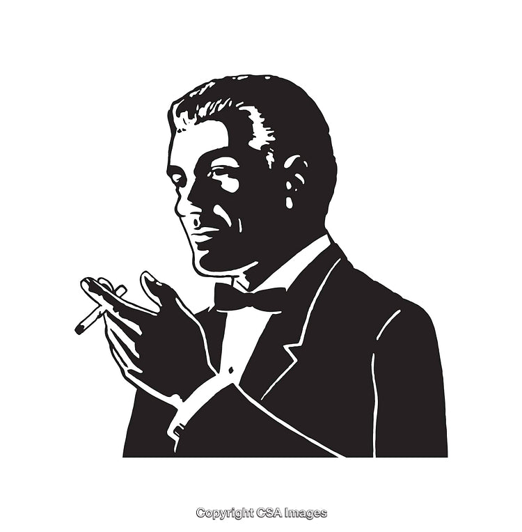 Black and White Line Art of a Man in a Suit with a Cigarette