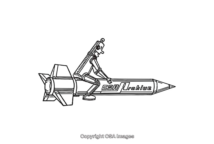 Robotic Figure Riding a Sleek Rocket with Retro Style Line Art Design