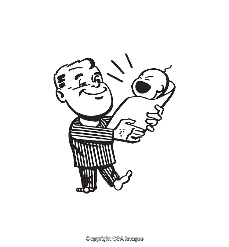 Vintage Line Art Illustration of Man Holding Crying Baby with Expressions