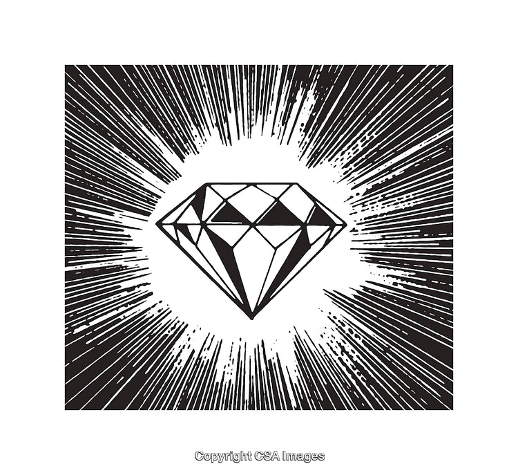 Artistic Black and White Illustration of a Radiant Diamond with Stylized Rays
