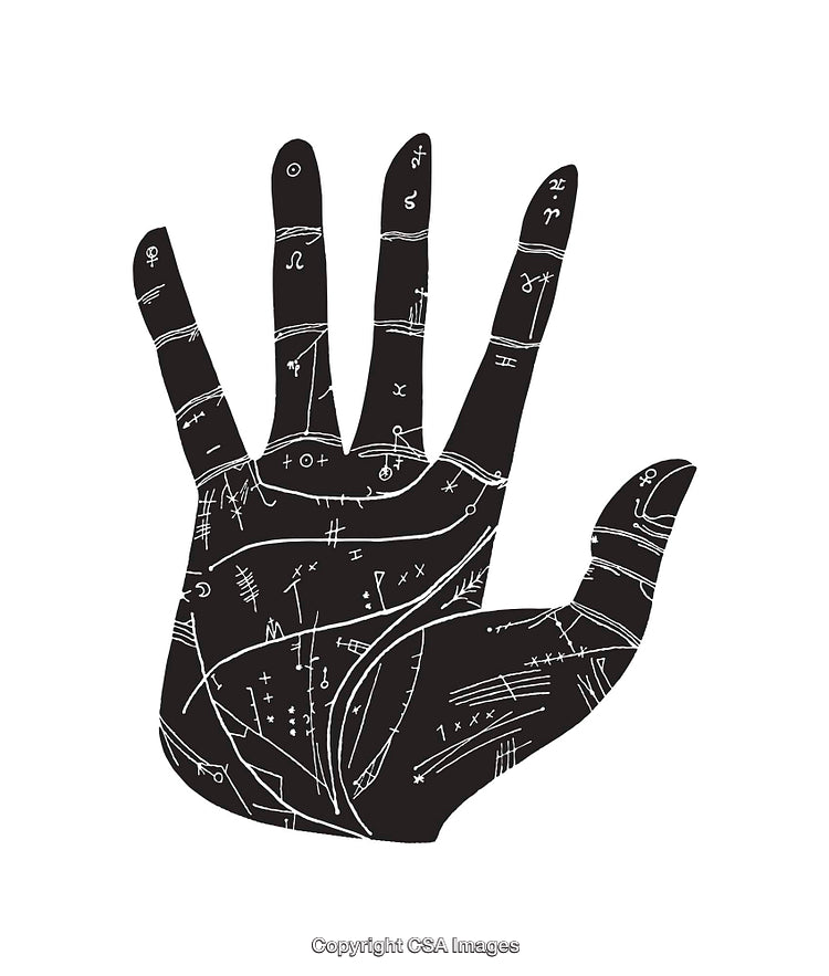 Black and White Hand Illustration with Detailed Palmistry Symbols