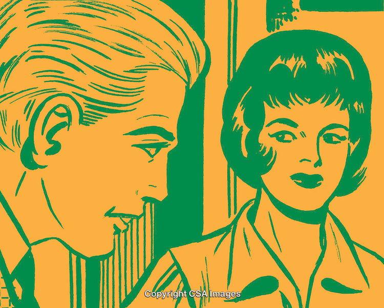 Retro 1950s Illustration Featuring a Man and Woman in Vibrant Green and Yellow