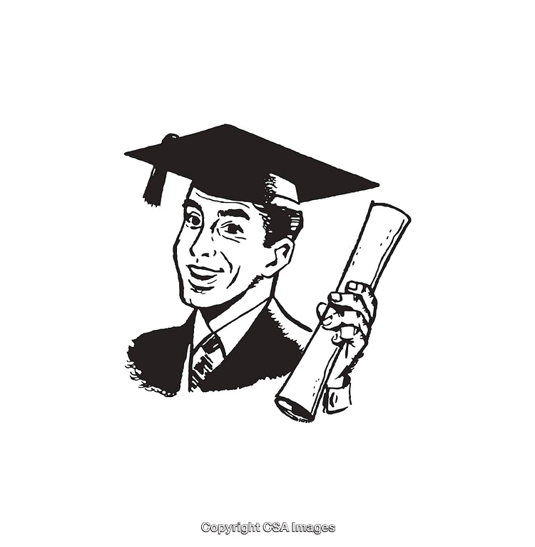 Retro Illustration of a Graduate Holding a Diploma in Black Ink