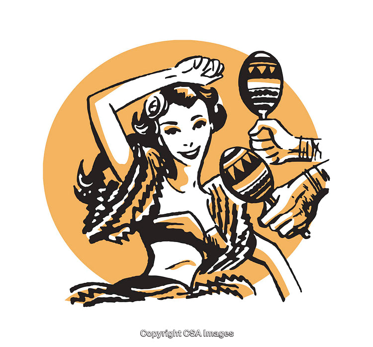 Colorful Illustration of a Dancing Woman With Maracas in a Joyful Scene