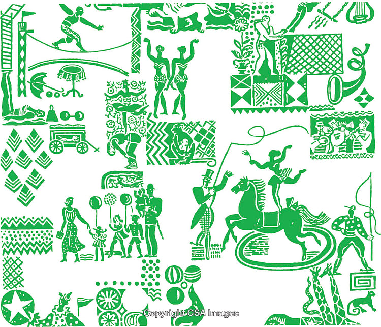 Vintage Circus Illustration With Performers, Animals, and Decorative Patterns