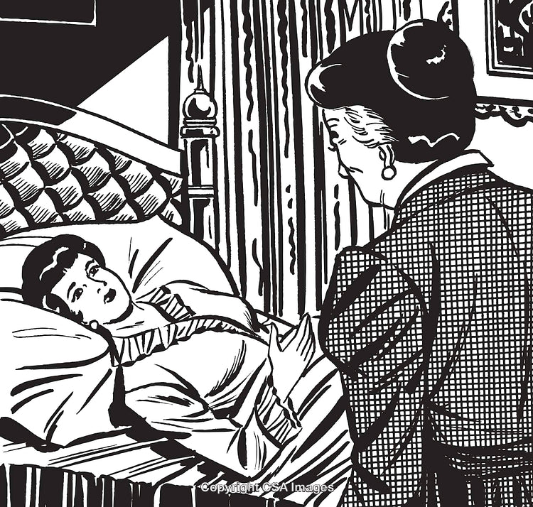 Mother Visits Sick Daughter Lying in Bed in Vintage Line Art Style