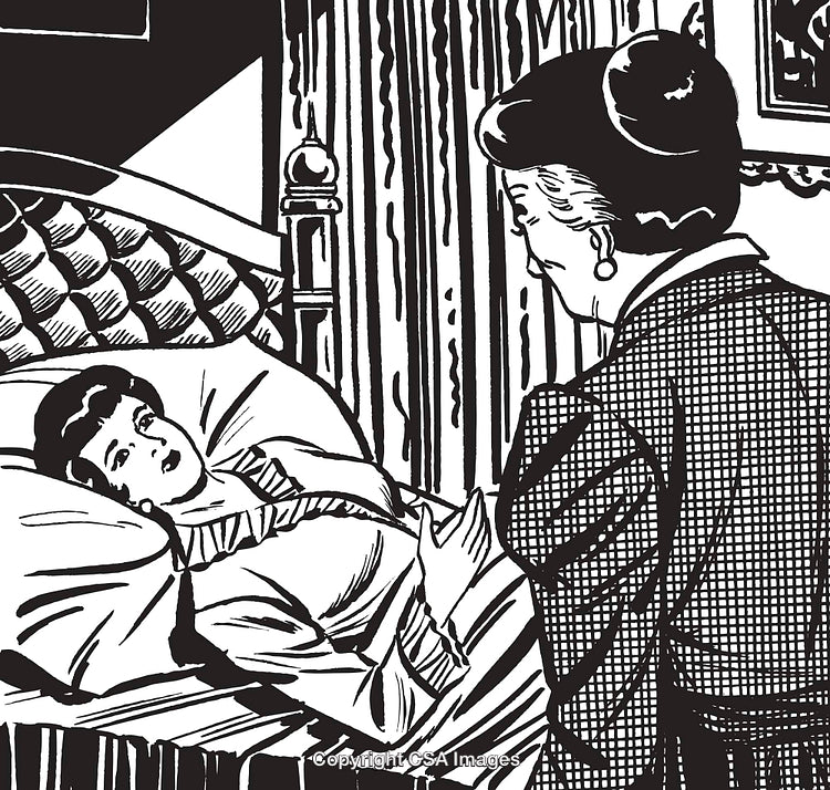 Mother Visits Sick Daughter Lying in Bed in Vintage Line Art Style