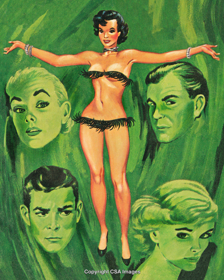 Vintage Illustration Featuring Stylized Figures With Expressive Faces and Dramatic Colors