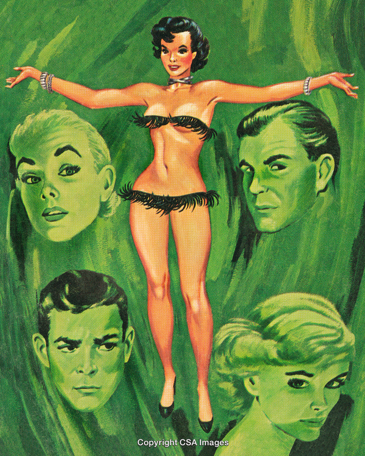 Vintage Illustration Featuring Stylized Figures With Expressive Faces and Dramatic Colors