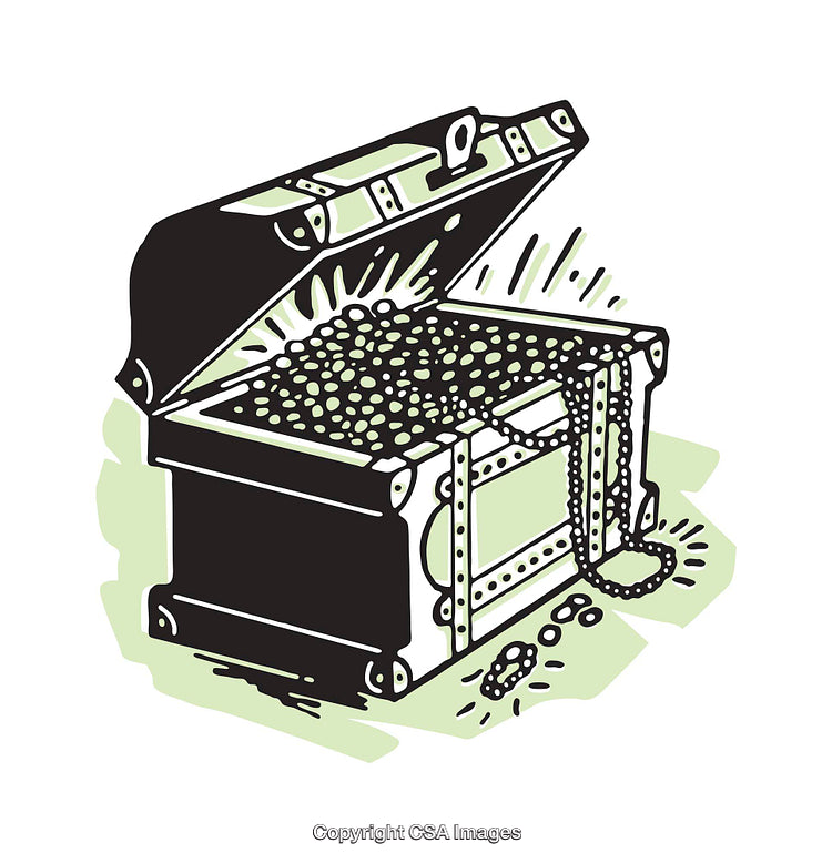 Open Treasure Chest Illustration with Glittering Gold Coins and Pearls Inside