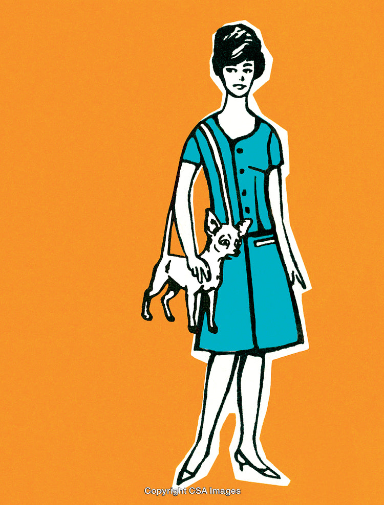 Colorful Illustration of Woman Holding Small Dog on Orange Background