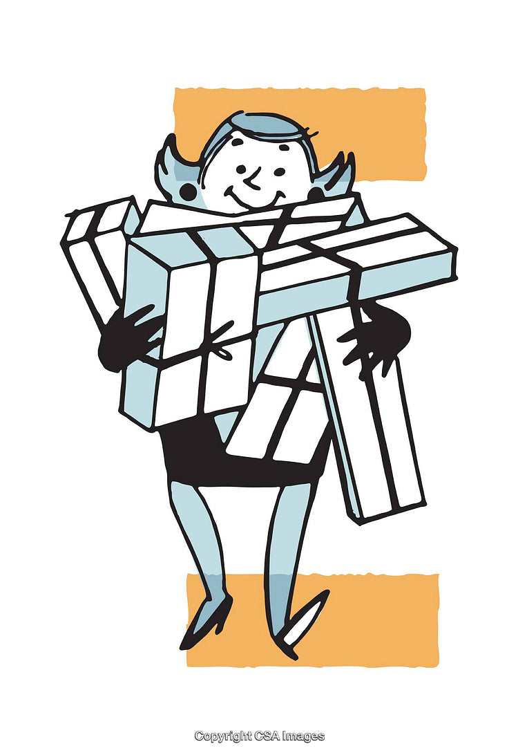 Smiling Woman Carrying Multiple Gifts in a Playful Cartoon Illustration