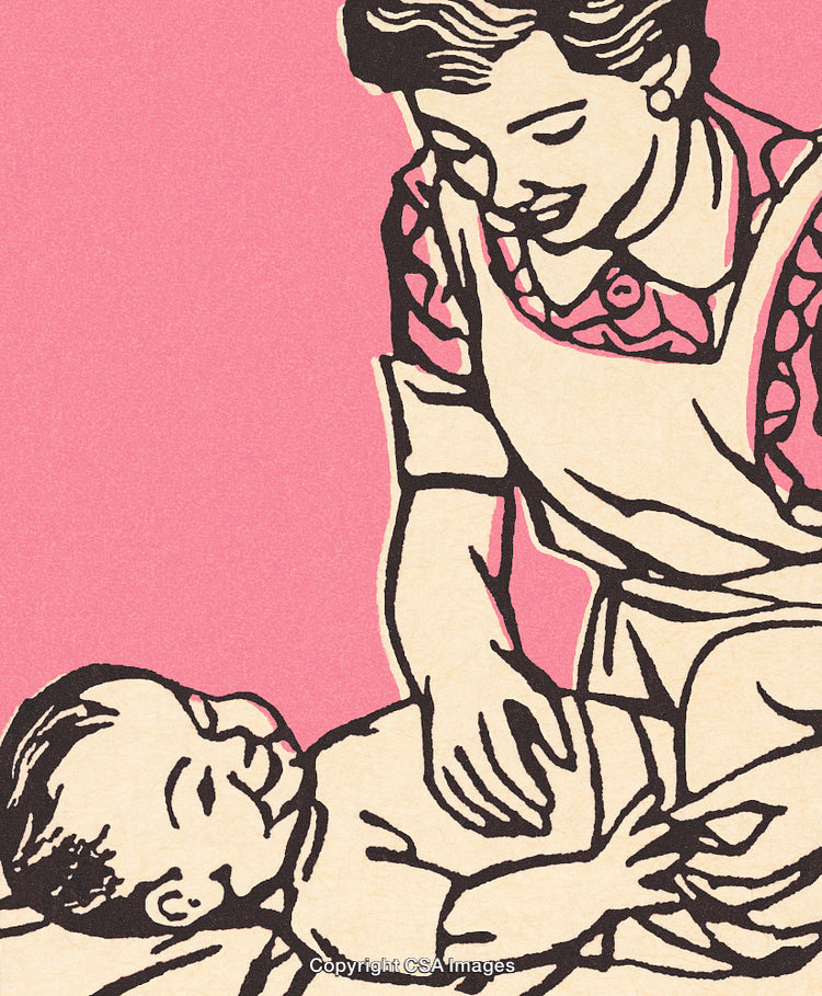 Vintage Illustration of Mother Changing Baby's Diaper on Pink Background