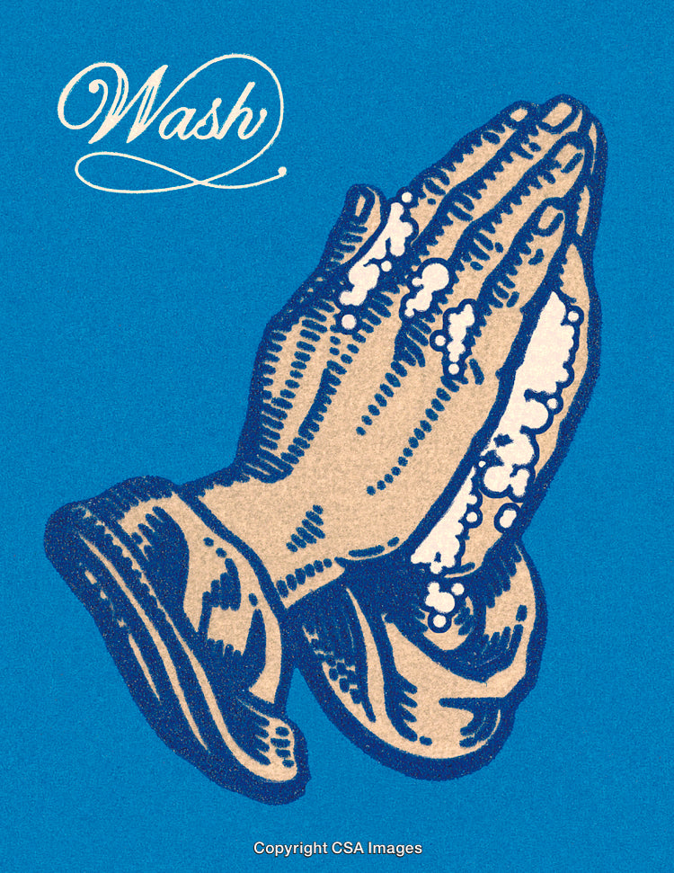 Graphic Illustration of Folded Hands Being Washed with Soap Bubbles on Blue