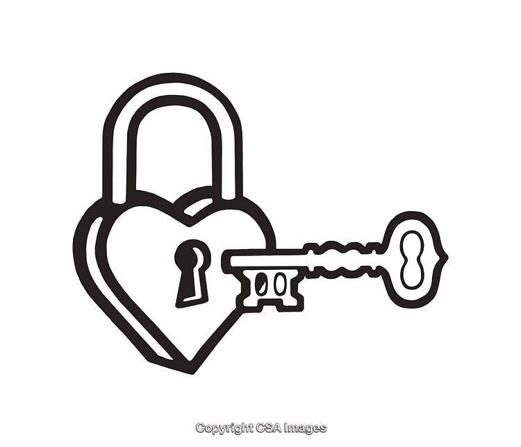 Heart Shaped Padlock with Key in Black and White Line Art