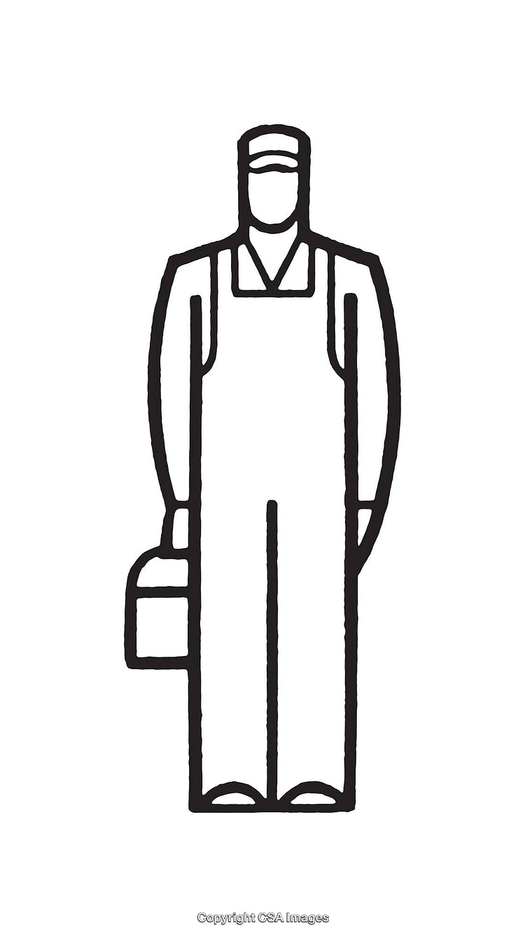 Illustrated Line Art of a Worker Holding a Tool Box