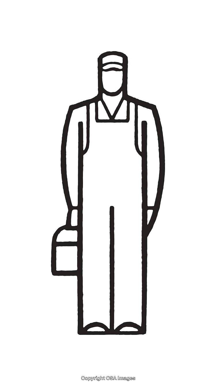 Illustrated Line Art of a Worker Holding a Tool Box